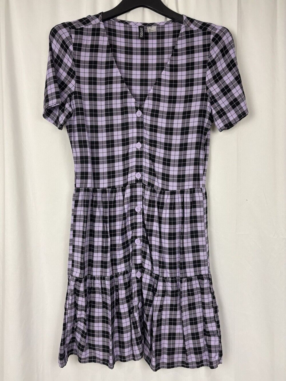 H&M Divided Women’s Purple Black Plaid V Neck Short Sleeve Fit & Flare Dress XXS